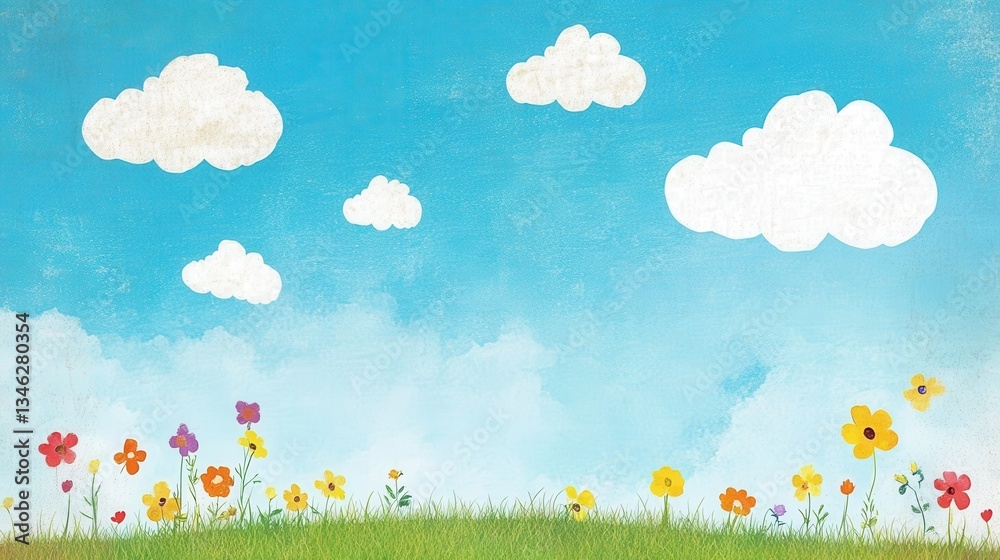 Cartoon Spring Meadow with Flowers, Blue Sky, Clouds, and Nature Background. Cartoon Spring Meadow with Flowers, Blue Sky, Clouds, and Nature Background.