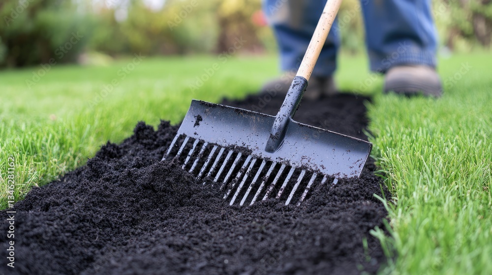 A person leveling soil with a rake before installing artificial grass A person leveling soil with a rake before installing artificial grass