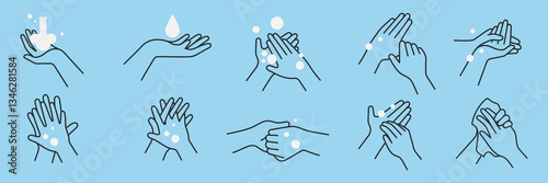 Illustration of handwashing steps with soap and water. Handwashing with soap, water, and bubbles. Clean hands, soap, and water. Hygiene and handwashing. Hygiene illustrations, vector set.
