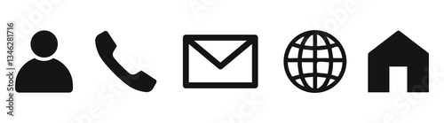 Contact icons: person, phone, email, globe, house. Simple contact symbols for communication. Contact icons for easy access and navigation. Black computer icons, element set. Vectors.