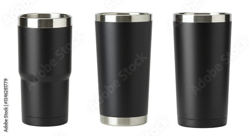 Black vacuum insulated travel mug png. Black stainless steel tumblers png.