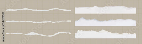 Torn paper edges, white and textured, on a beige grid background. Torn paper, textured paper. Horizontal torn strips, white torn paper. Ripped element set. Vectors.
