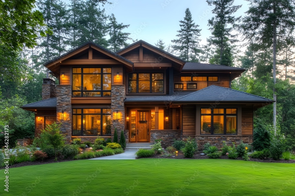 Modern Suburban Home in Forested Setting with Lush Landscaping and Illuminated Windows Modern Suburban Home in Forested Setting with Lush Landscaping and Illuminated Windows