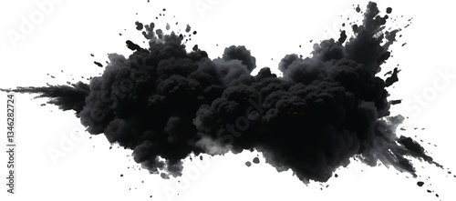 Explosive Black Powder and Smoke Cloud Expanding in an Organic, Fluid Motion, Resulting 
in a Powerful and Dramatic Abstract Visual Display on White
