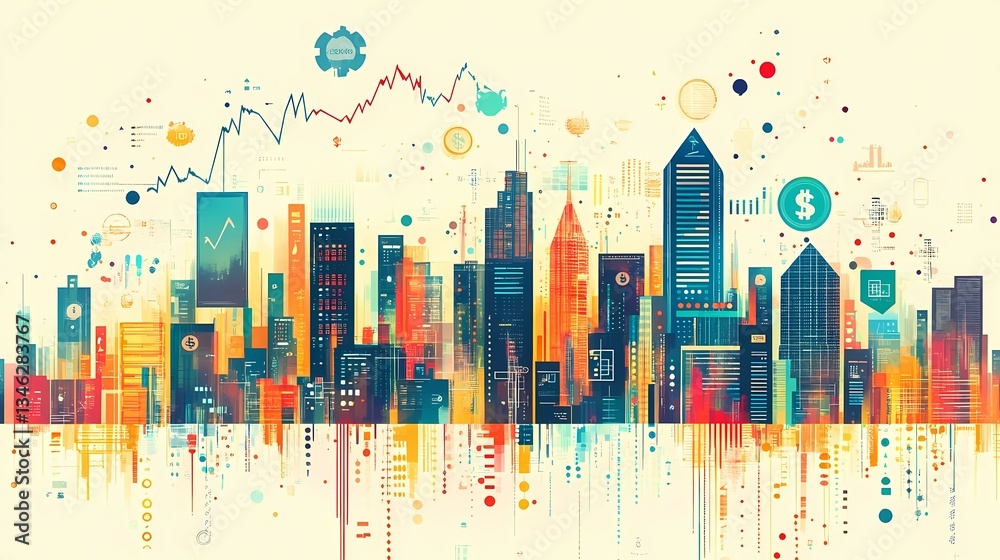Surrealism illustration celebrating Monetization Strategy, featuring a futuristic city where buildings are made of coins, digital icons, and glowing financial charts, with abstract shapes representing