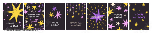 Postcard designs with textured stars on black sky and inspirational phrases, ...