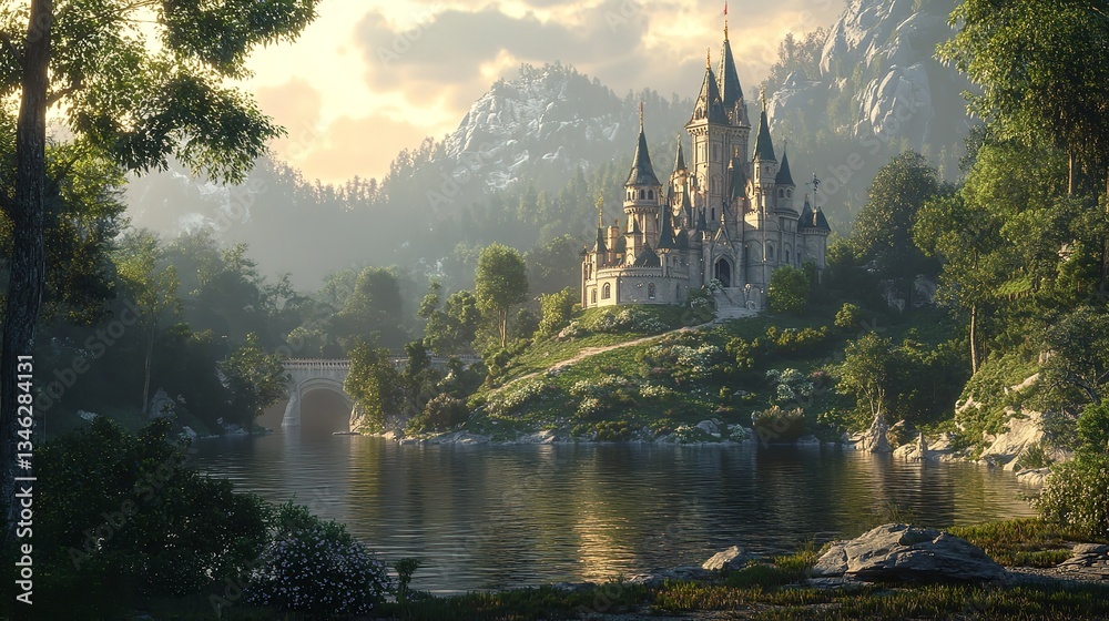 Fototapeta premium Majestic castle on mountain surrounded by peaks and mist