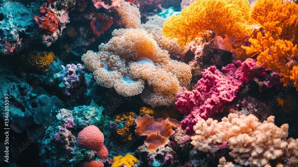 Fototapeta premium Vibrant Underwater Coral Reef with Diverse Marine Life and Colors