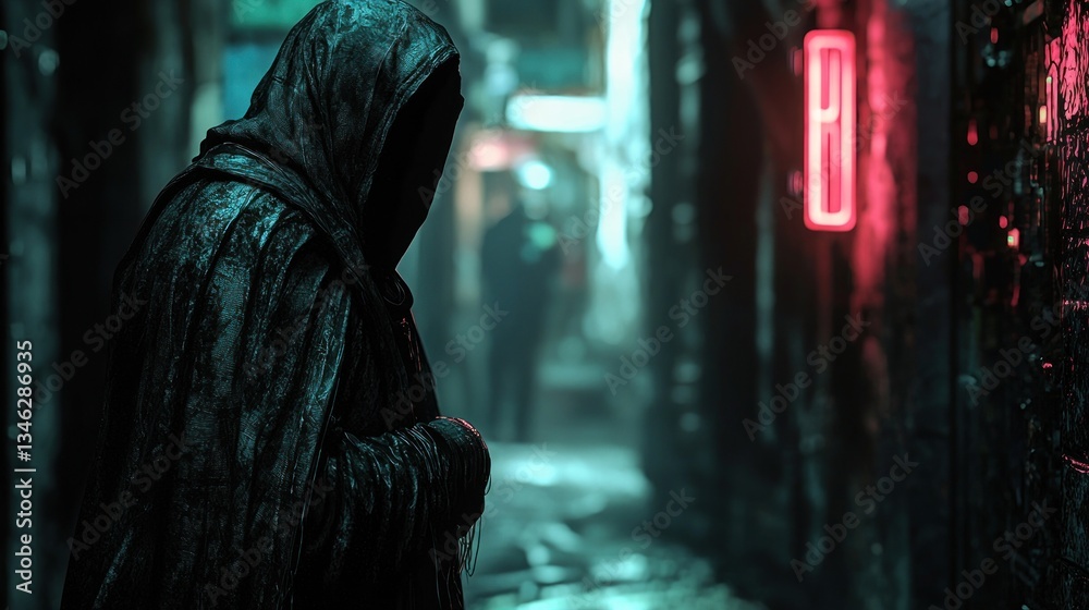 Fototapeta premium Mysterious Figure in a Cyberpunk Alleyway