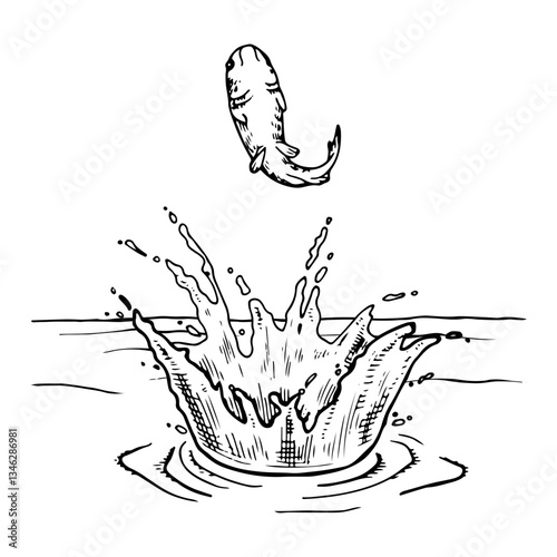 Vector black and white illustration. Hand drawn art on the theme of fish. With a white isolated silhouette on the background