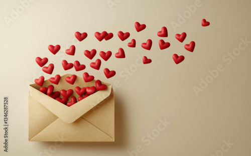 Red hearts flying out of an open envelope on a beige background, symbolizing sending love and affection