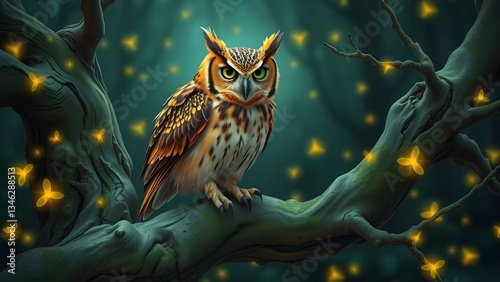 Mystical Golden-Hued Owl in an Enchanted Forest