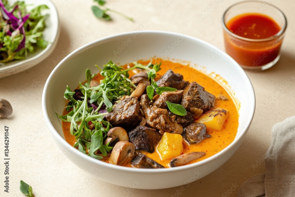 Serving Beef Stew with Mushrooms and Fresh Greens in White Bowl Serving Beef Stew with Mushrooms and Fresh Greens in White Bowl