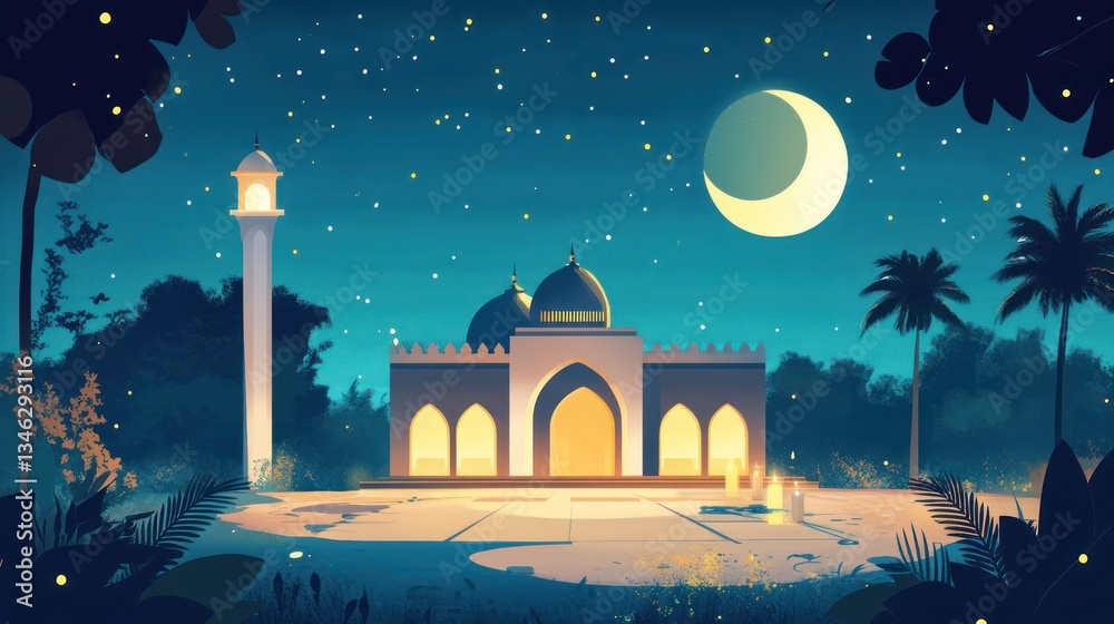 Naklejka premium A peaceful illuminated mosque scene at night with a crescent moon