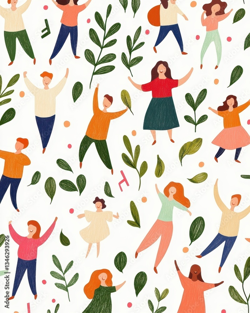 People Dancing and Celebrating with Leaves and Colorful Background