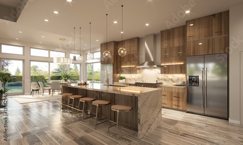 Large open kitchen with a waterfall island, custom cabinetry, and designer lighting, 4K hyperrealistic photo