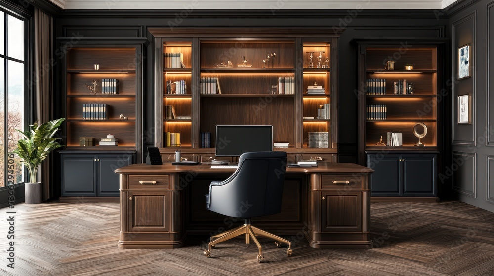 Dark Wood Study with Computer, Interior Design, Elegant Workspace Dark Wood Study with Computer, Interior Design, Elegant Workspace