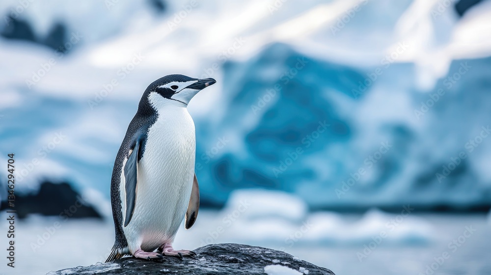 Fototapeta premium Charming Penguin Standing on Rock in Icy Landscape of Antarctica