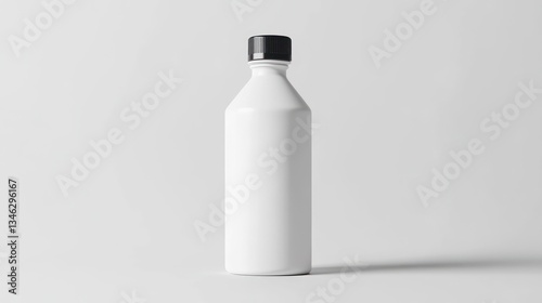 White bottle with black cap on white background.
