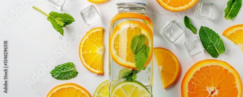 Citrus water bottle with orange slices, mint leaves, and ice on a white background with copy space. 4K illustration