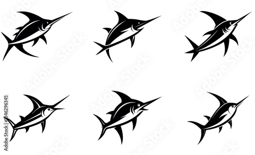 Silhouette of a Marlin Fish in Black and Blue Variations.