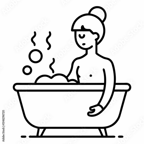 Minimalist Line Art Icon of a Person Relaxing in a Bathtub with Steam.