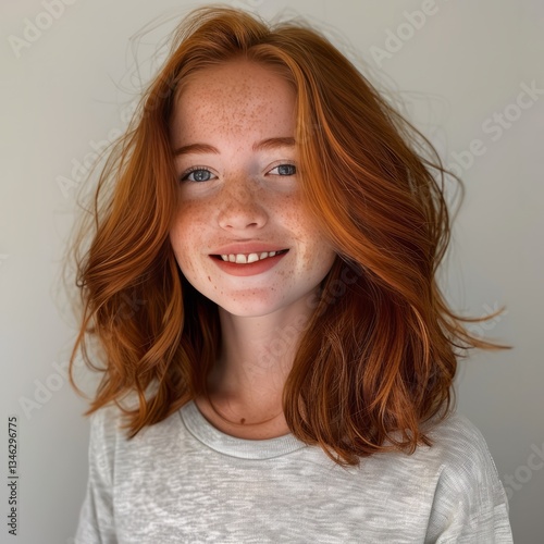 Teen girl with freckles and red hair, smiling at the camera, photo for a profile picture.