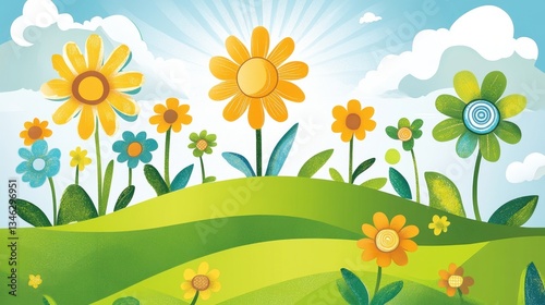 Colorful Cartoon Flowers on Sunny Hillside.