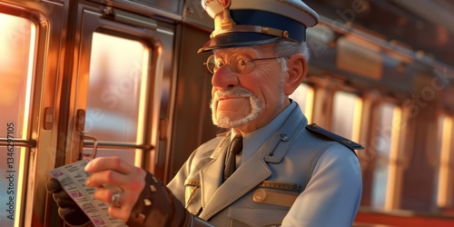 Cartoon elderly male train conductor checking tickets on a train, 3D render.