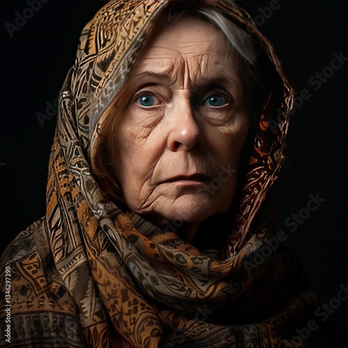 Older woman with a shawl over her head, looking straight into the camera, photo for a profile picture.