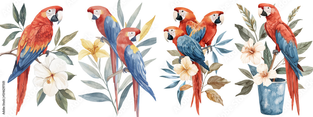 Fototapeta premium The illustration is a hand drawing of a red macaw, a tropical parrot, surrounded by orchids and a leaf, all on a clean white background