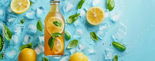 Lemon iced tea bottle with lemon wedges, basil leaves, and ice on a blue background with copy space. 4K illustration