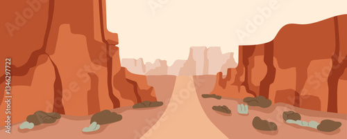Canyons in dry desert, wild nature landscape. Valley with arid wilderness, red rock cliffs, sand plateu, path way, empty road, pathway to horizon. Tranquil scenery panorama. Flat vector illustration