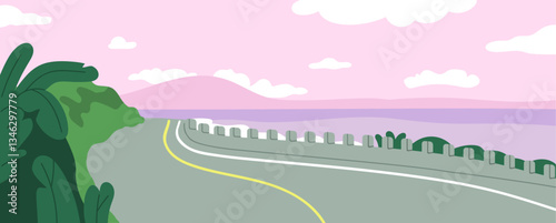 Road to sky horizon with clouds, nature landscape. Seaside highway, coast, panoramic view in evening. Beautiful scenery after sunset. Waterfront way at sunrise, dawning. Flat vector illustration