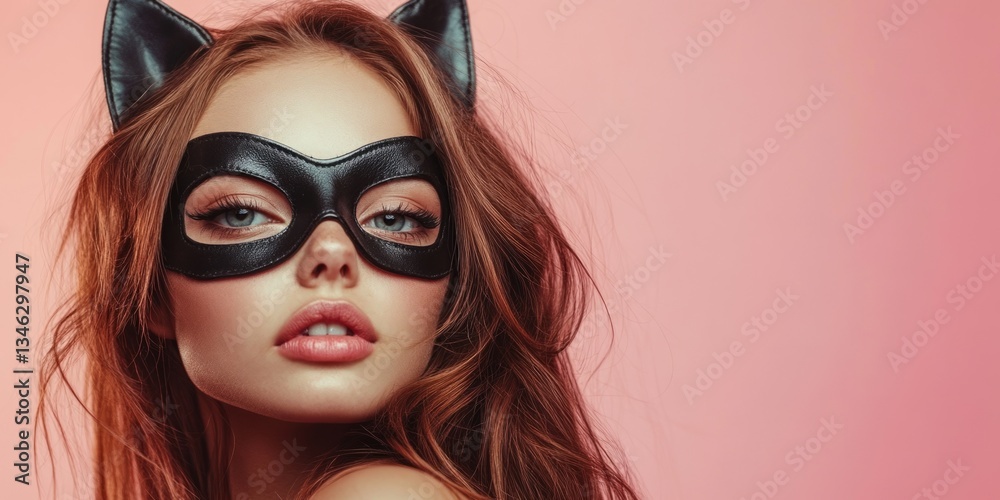 Studio portrait of beautiful young woman with long brown hair wearing cat mask and ears Studio portrait of beautiful young woman with long brown hair wearing cat mask and ears