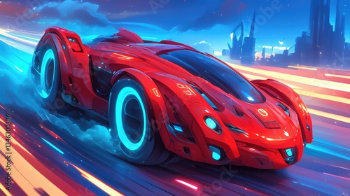 A futuristic red sports car driving very fast down a highway