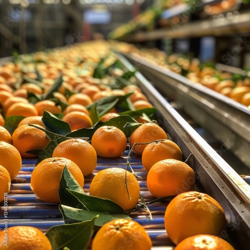 Fresh oranges on a conveyor belt
