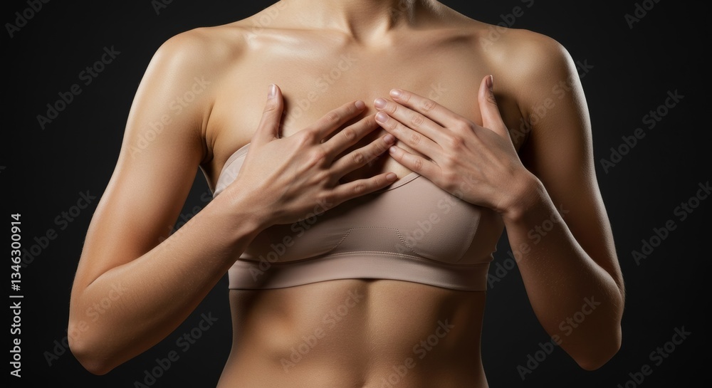 Naklejka premium Womans hands gently touch her chest.