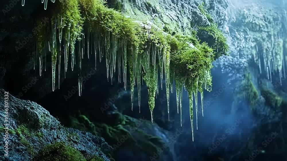 Lush green moss and icicles hanging from rocky cave formations with misty background ambiance