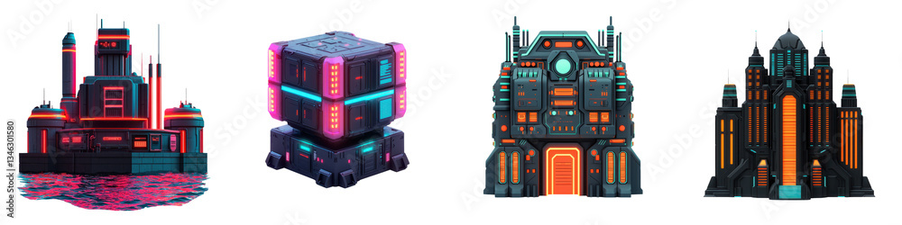 Fototapeta premium Impressive digitally rendered futuristic cityscapes featuring geometric neon lit skyscrapers and abstract sci fi inspired architectural designs