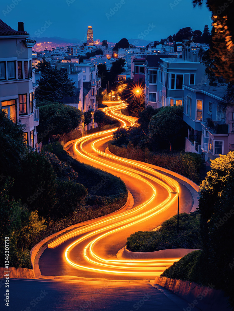 Winding road illuminated by city lights during twilight in an urban neighborhood