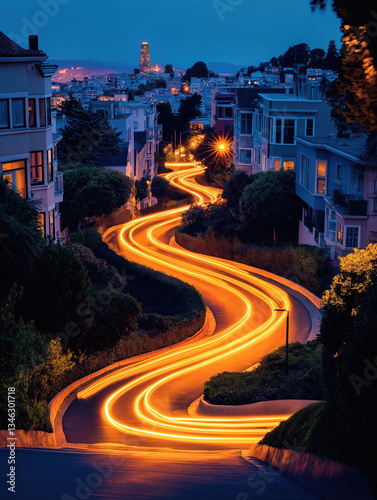 Obraz na płótnie Winding road illuminated by city lights during twilight in an urban neighborhood w salonie