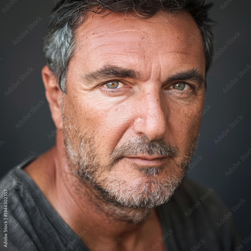 Middle-aged man with strong features and a direct gaze, looking straight into the camera, photo for a profile picture. Middle-aged man with strong features and a direct gaze, looking straight into the camera, photo for a profile picture.