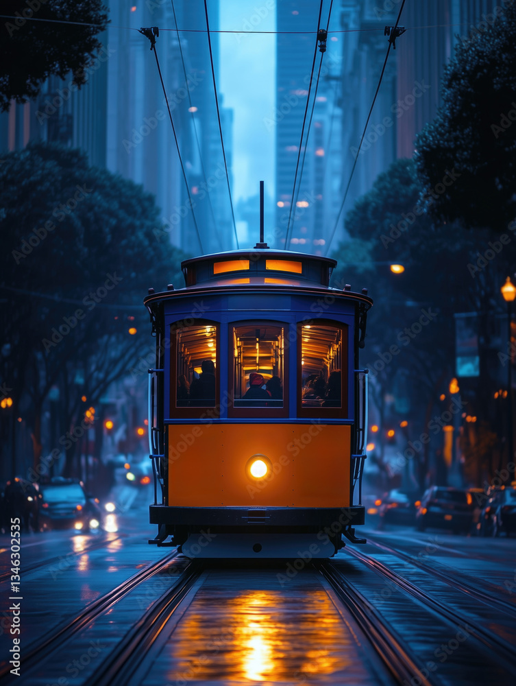 Tram travels through illuminated city streets at dusk in urban setting