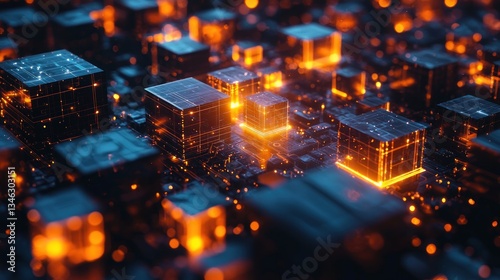 Abstract Digital Cityscape: Glowing Cubes and Circuitry