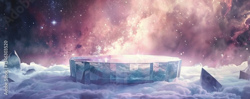 Empty short crystal pedestal against a celestial scene. 4K close-up illustration.