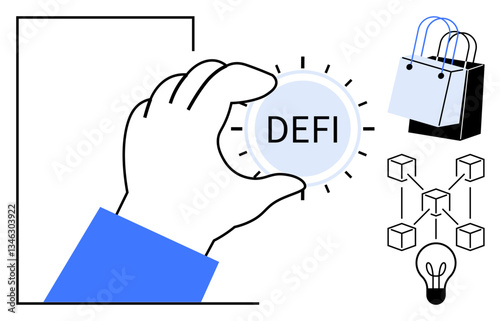 Hand holding DEFI button, adjacent to shopping bags, blockchain nodes, and light bulb. Ideal for finance, e-commerce, technology, innovation, cryptocurrency decentralized systems online shopping