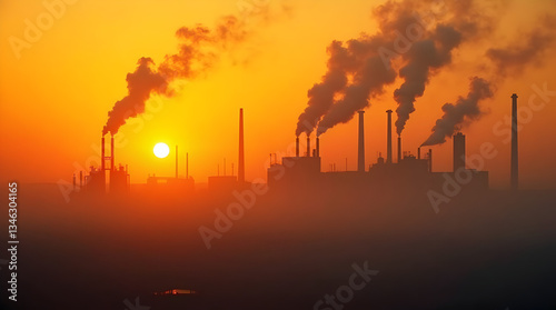 Toxic air pollution with dense industrial smog and particles engulfing an urbanized skyline, Photo Illustration Image Picture 