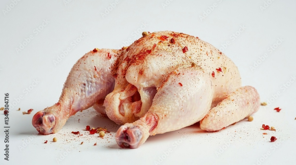 Fresh whole raw chicken with spices isolated on light background Fresh whole raw chicken with spices isolated on light background