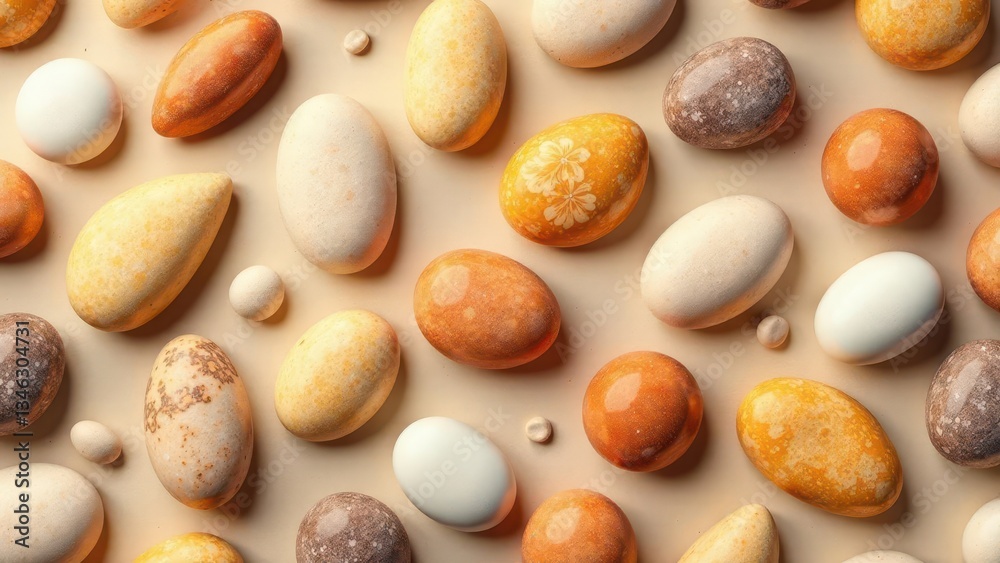 Obraz premium A Collection of Smooth, Speckled, and Decorated Ovoid Forms Arranged on a Pale Background